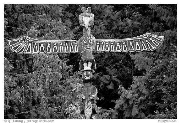 Totem Pole carved by native tribes, Olympic Peninsula. Olympic Peninsula, Washington (black and white)