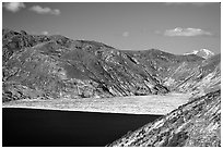 Spirit Lake, partly covered with floating logs. Mount St Helens National Volcanic Monument, Washington ( black and white)