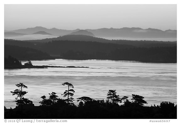 Lopez Island and mainland mountains from Cattle Point, San Juan Island. Washington (black and white)