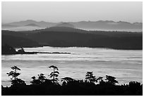 Lopez Island and mainland mountains from Cattle Point, San Juan Island. Washington ( black and white)