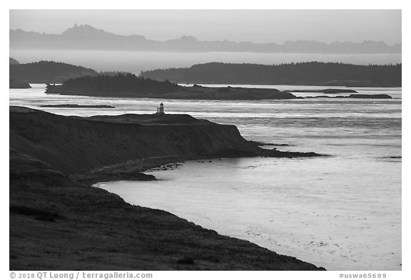 Cattle Point and Lighthouse at dawn, San Juan Island. Washington (black and white)