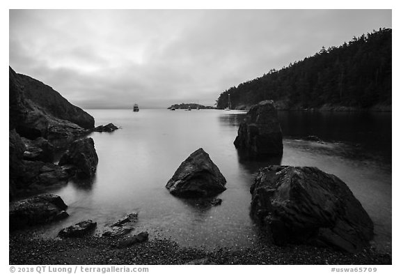 Rocks and Watmough Bay, Lopez Island. Washington (black and white)