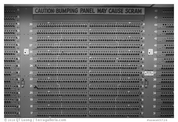 Control panel for nuclear reactor B, Hanford Unit, Manhattan Project National Historical Park. Washington (black and white)