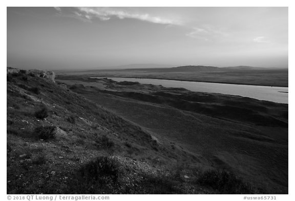 Shrub-steppe terrain and Columbia River, Wahluke Unit, Hanford Reach National Monument. Washington (black and white)