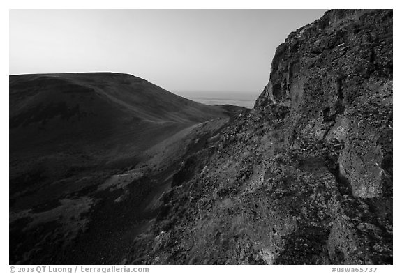 Basalt cliff and Saddle Mountain at sunrise, Hanford Reach National Monument. Washington (black and white)