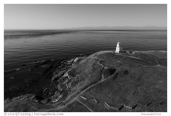 Aerial view of Cattle Point Lighthouse, San Juan Island. Washington (black and white)