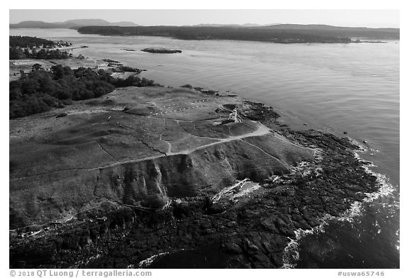 Aerial view of Cattle Point and Lopez Island, San Juan Island. Washington (black and white)