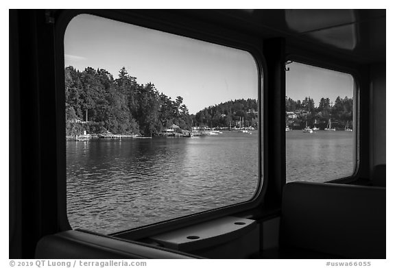 Looking out of window from ferry to San Juan Island. Washington (black and white)