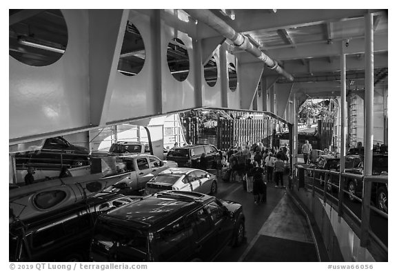 Cars and passengers preparing to disembark from ferry to San Juan Island. Washington (black and white)
