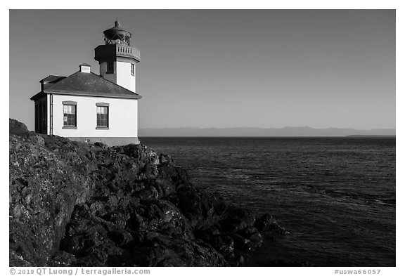 Lime Kiln Lighthouse and Haro Strait, Lime Point State Park, San Juan Island. Washington (black and white)
