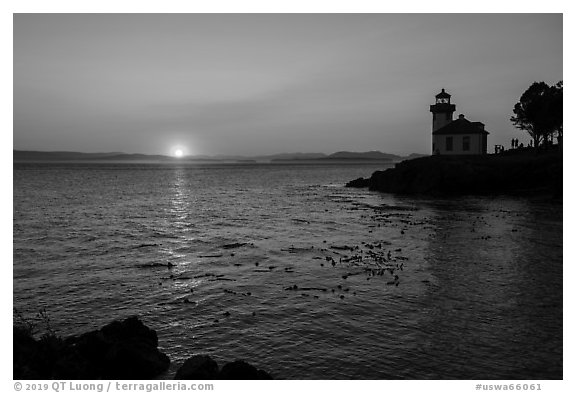 Sunset, Lime Kiln Lighthouse, San Juan Island. Washington (black and white)