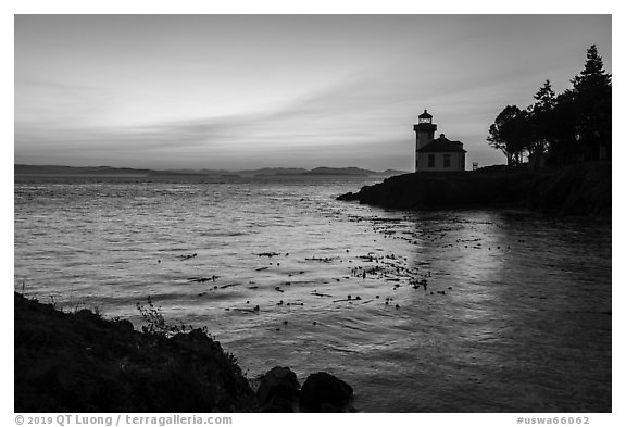Lime Kiln Lighthouse at sunset, Lime Point State Park, San Juan Island. Washington (black and white)