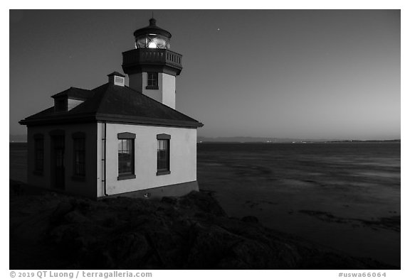 Lime Kiln Lighthouse and Haro Strait at dusk, Lime Point State Park, San Juan Island. Washington (black and white)