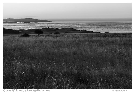 Meadow and Cattle Point Lighthouse, San Juan Islands National Monument, San Juan Island. Washington (black and white)