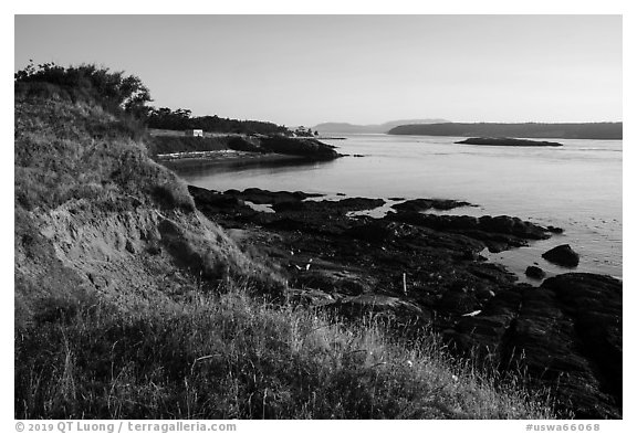 Cattle Point coastline with Lopez Island, San Juan Islands National Monument. Washington (black and white)