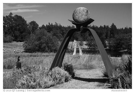 San Juan Islands Museum of Art Sculpture Park,  Roche Harbor, San Juan Island. Washington (black and white)