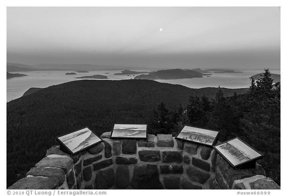 Interpretive signs on top of Ellsworth Storey Tower at sunset, Moran State Park. Washington (black and white)