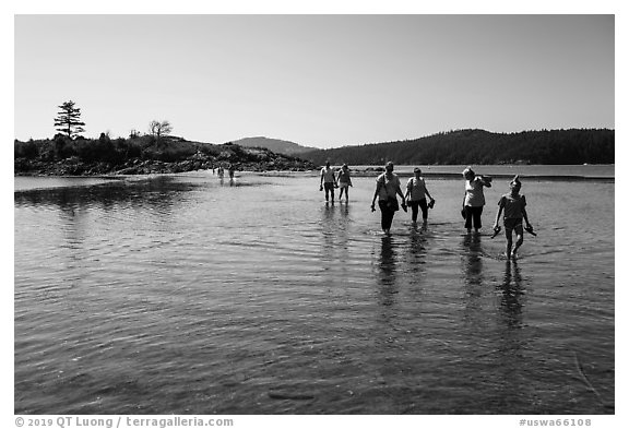 Tourists walking back from Indian Island, San Juan Islands National Monument, Orcas Island. Washington (black and white)