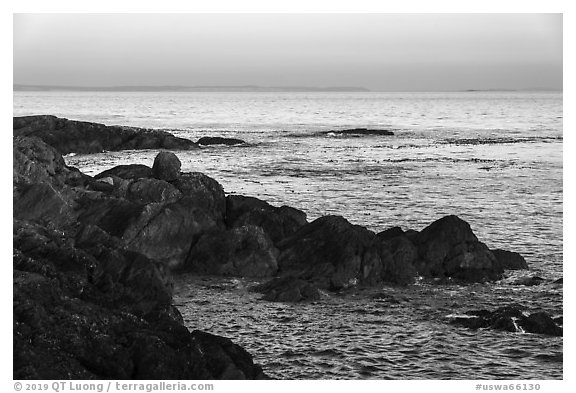 Rocky coastline and Salish Sea, Iceberg Point, San Juan Islands National Monument, Lopez Island. Washington (black and white)