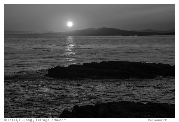 Sunset over Salish Sea, San Juan Islands National Monument, Lopez Island. Washington (black and white)