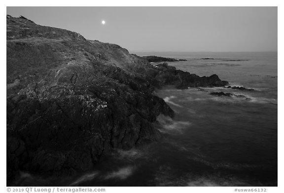 Coastline and moon, Iceberg Point, San Juan Islands National Monument, Lopez Island. Washington (black and white)