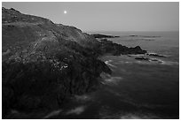 Coastline and moon, Iceberg Point, San Juan Islands National Monument, Lopez Island. Washington ( black and white)