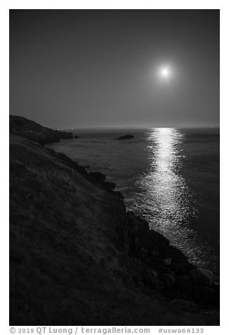 Moon over Salish Sea, San Juan Islands National Monument, Lopez Island. Washington (black and white)