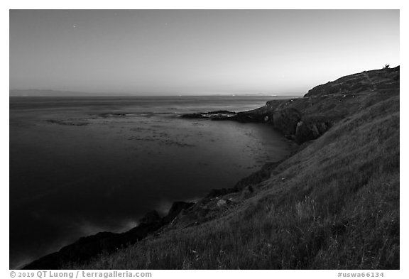 Moonlit coastline near Iceberg Point, San Juan Islands National Monument, Lopez Island. Washington (black and white)