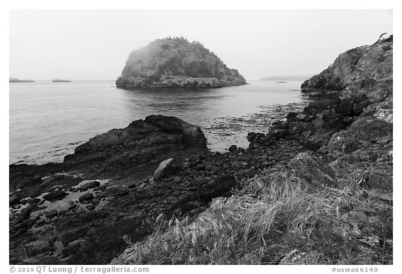 Castle Island from Point Colville, San Juan Islands National Monument, Lopez Island. Washington (black and white)