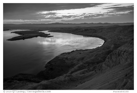 Sunset over Columbia River from White Cliffs, Hanford Reach National Monument. Washington (black and white)
