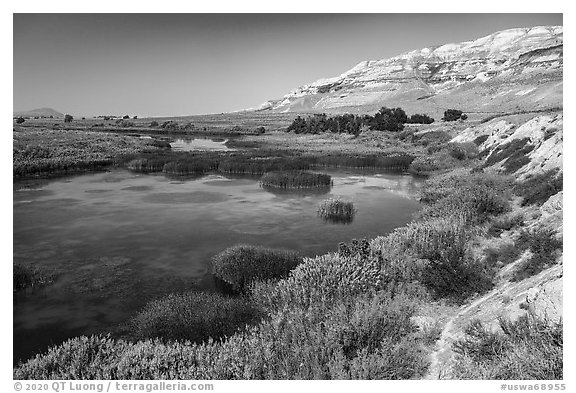 Savage Island channel wetlands and bluffs, Hanford Reach National Monument. Washington (black and white)