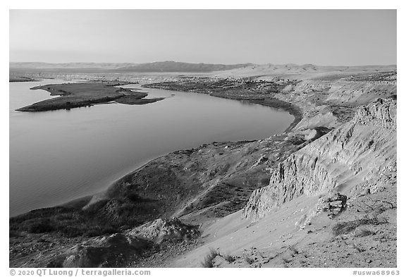 White Cliffs and Locke Island, afternoon, Hanford Reach National Monument. Washington (black and white)