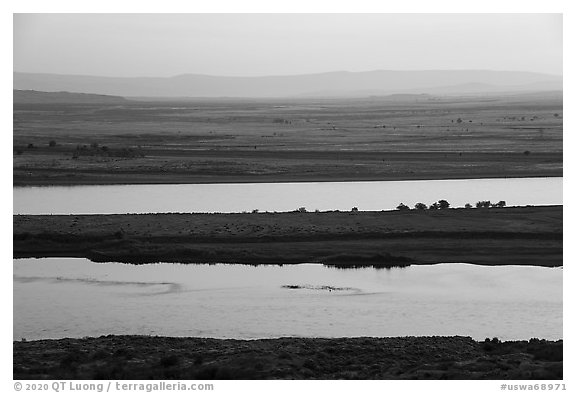 Locke Island dividing Columbia River into two channels, Hanford Reach National Monument. Washington (black and white)