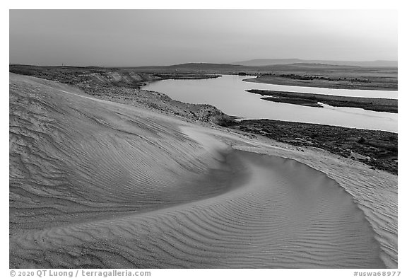 Sand dunes and Columbia River, and Locke Island at sunset, Hanford Reach National Monument. Washington (black and white)