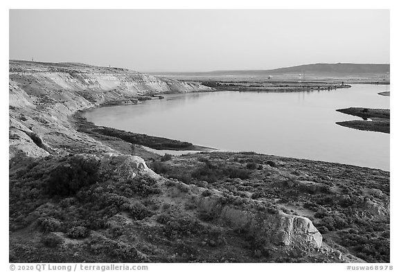 White Bluffs and Columbia River, sunset, Hanford Reach National Monument. Washington (black and white)