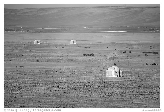 Nuclear reactors and powerlines, Hanford site. Washington (black and white)