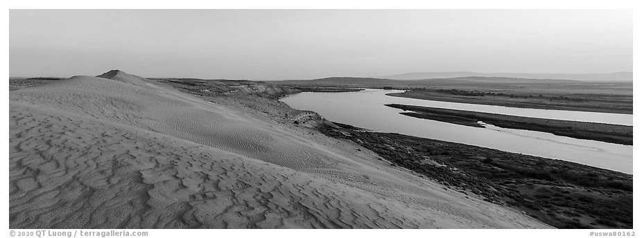 Sand Dunes, Locke Island, and Columbia River, sunset, Hanford Reach National Monument. Washington (black and white)