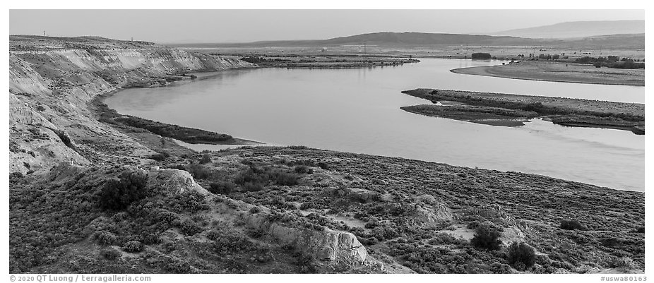 White Bluffs, Locke Island, and Columbia River, twilight, Hanford Reach National Monument. Washington