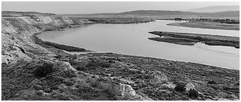 White Bluffs, Locke Island, and Columbia River, twilight, Hanford Reach National Monument. Washington (Panoramic black and white)