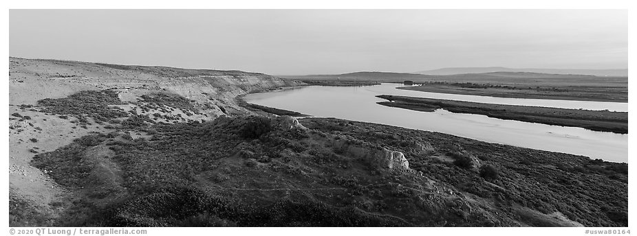 White Bluffs, Locke Island, and Columbia River, twilight, Hanford Reach National Monument. Washington (black and white)