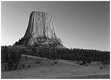 Phonolite porphyry monolith, sunset, Devils Tower National Monument. Wyoming, USA (black and white)