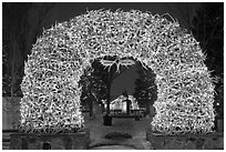 Arch of shed elk antlers at night. Jackson, Wyoming, USA (black and white)