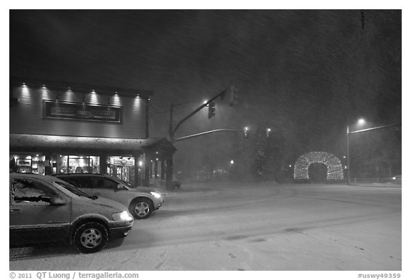 Street in snow blizzard by night. Jackson, Wyoming, USA (black and white)