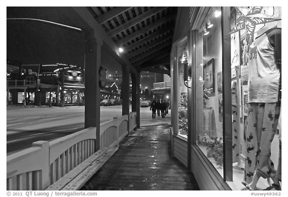 Storefront and gallery by night. Jackson, Wyoming, USA (black and white)