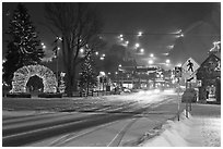 Street and town square with fresh snow by night. Jackson, Wyoming, USA ( black and white)