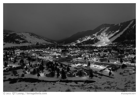 View from above at night. Jackson, Wyoming, USA (black and white)