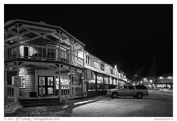 Town square stores by night. Jackson, Wyoming, USA (black and white)