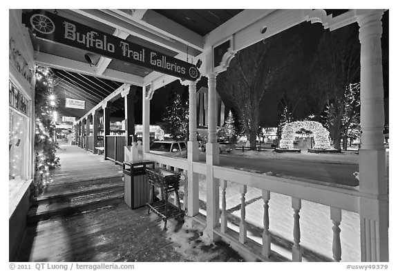 Gallery and Town Square lights, winter night. Jackson, Wyoming, USA (black and white)