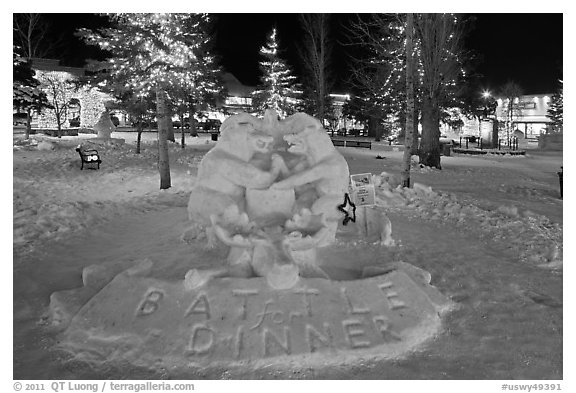 Winterfest ice sculpture by night, Town Square. Jackson, Wyoming, USA (black and white)