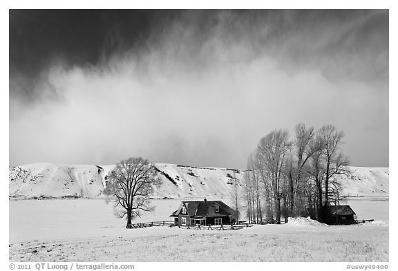 Historic Miller House estate in winter, , National Elk Refuge. Jackson, Wyoming, USA (black and white)